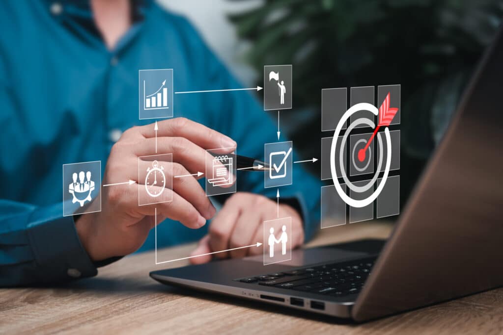 Workflow and work target, Business process automation using a flowchart, Businessman use flow chart management organization of the company to success, Setting corporate growth goals, Strategy steps AdobeStock 1164200812 scaled 1