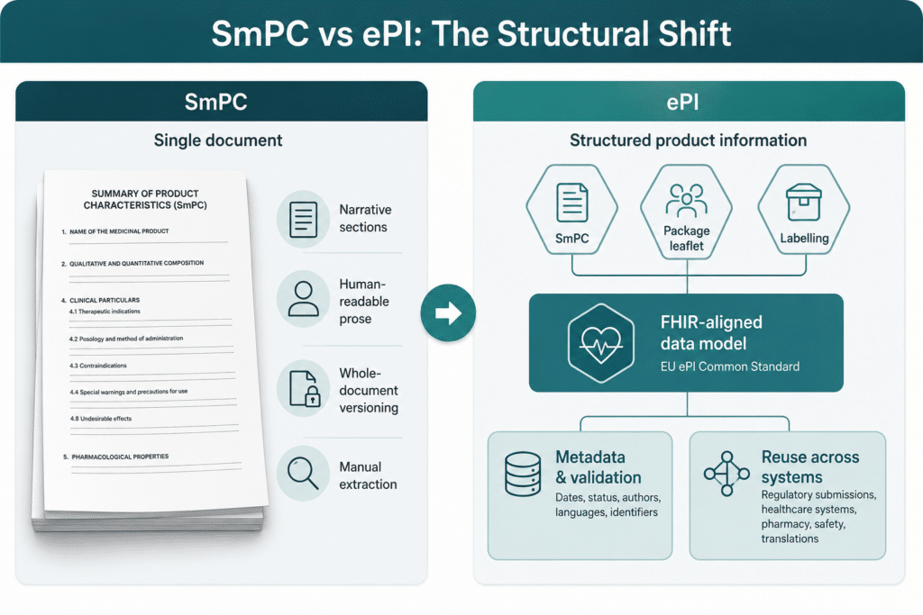 SmPC to ePI: Navigating ePI Implementation 1 Comparison of SmPC as a document-based format and ePI as structured product information for regulatory labeling teams
