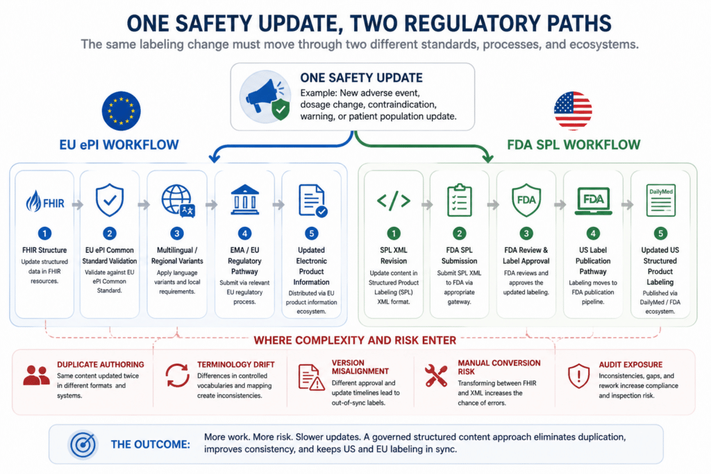 ePI vs SPL: Preparing for EU Electronic Product Information and FDA Structured Product Labeling 1 Workflow showing one safety labeling update splitting into separate EU ePI and FDA SPL regulatory paths