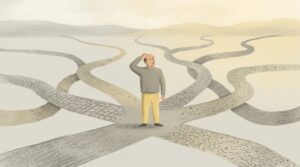 Person pondering multiple path choices.