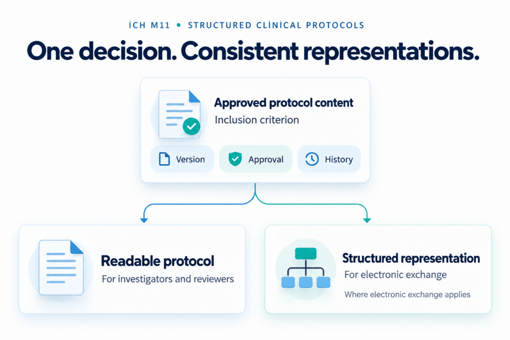 Approved protocol content supports a readable protocol and a consistent structured representation for electronic exchange.